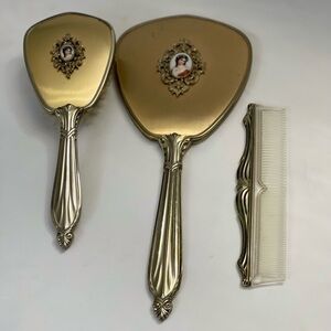 Vintage Gold Tone Hand Mirror, Brush, & Comb *Rare find